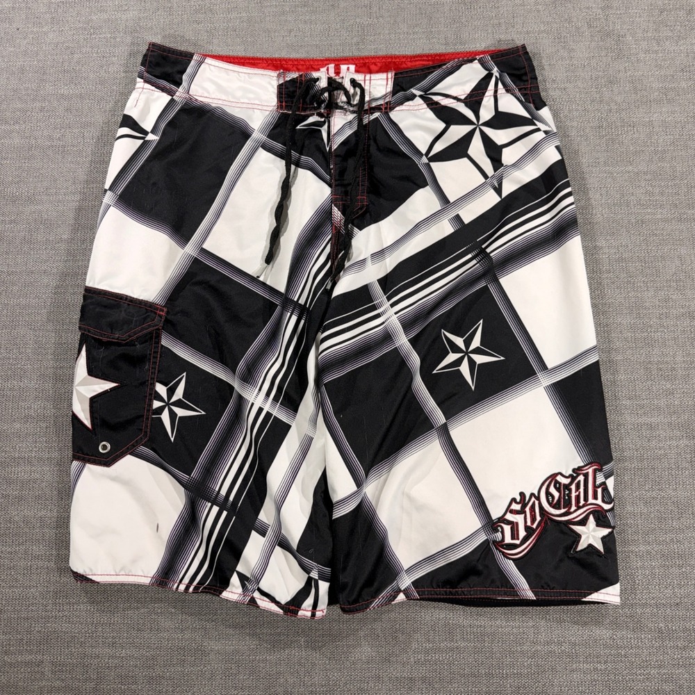 SoCal Board Shorts Mens 34 Black White Plaid Graphic Stars Excellent Surf Swim